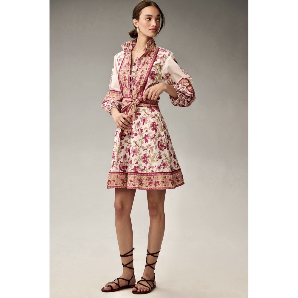 SUE SARTOR Anthropologie Long-Sleeve Flounce Dress Pink Peridot Dahlia Floral L - Picture 4 of 16